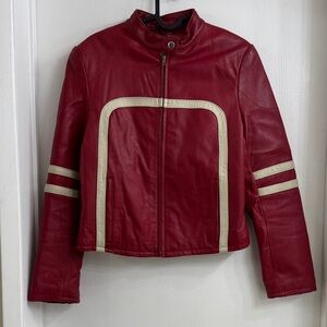 Wilsons Leather Women's Red Jacket with Cream Stripes